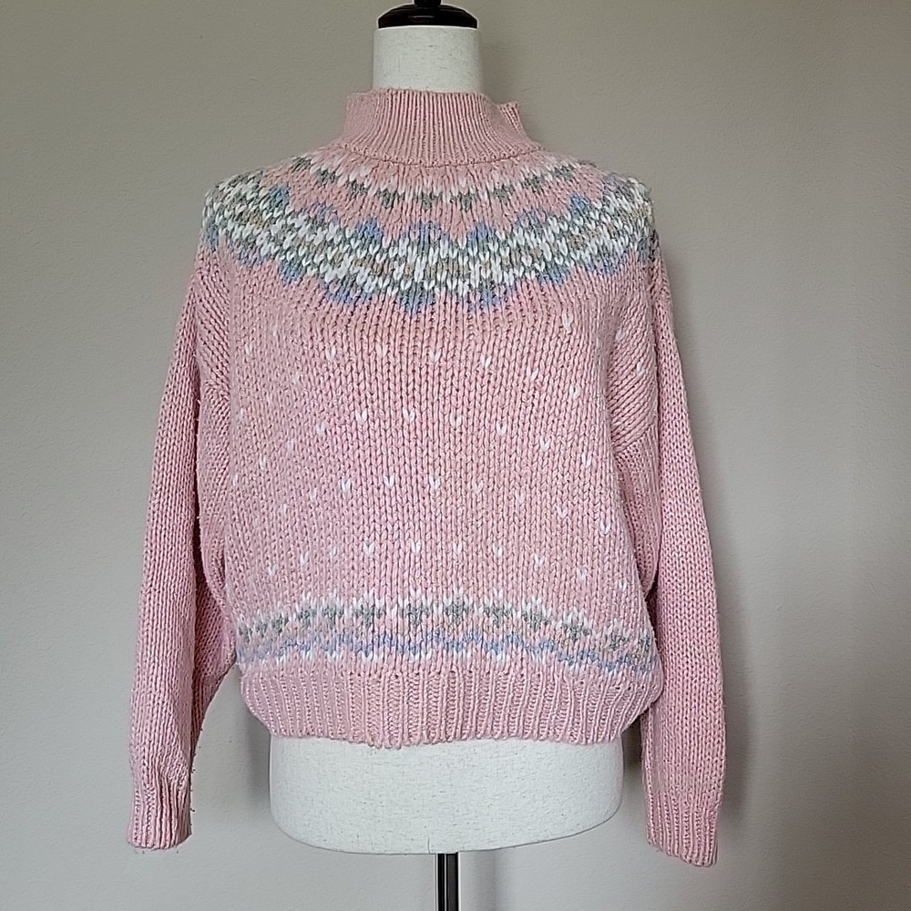 Vtg Currents Hand Loomed Fair Isle Pink Sweater Size L Fairy Kei Cottagecore 90s